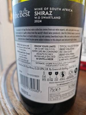 Harrisons Wine Co Shiraz back label