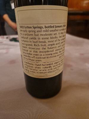 Ridge Vineyards Lytton Springs 50th Anniversary back label