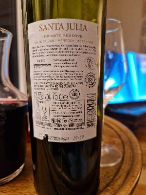 Santa Julia Private Reserve back label